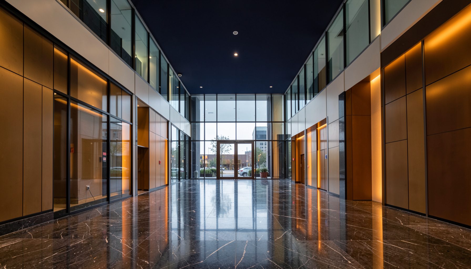 A clean architectural photograph with strong symmetry: a modern glass-and-steel atrium lobby with polished dark stone floors, warm amber accent lighting along the walls, and a calm deep-navy ceiling. The composition is centered and balanced, conveying a sleek, professional atmosphere.